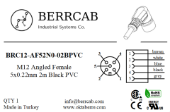 BRC12-AF52N0-02BPVC | Berrcab M12 Açılı Dişi 5 Pin 2 Metre PVC Kablolu Konektör - Sensör/Aktüatör Kablosu
