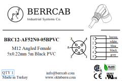 BRC12-AF52N0-05BPVC | Berrcab M12 Açılı Dişi 5 Pin 5 Metre PVC Kablolu Konektör - Sensör/Aktüatör Kablosu