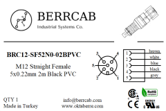 BRC12-SF52N0-02BPVC | Berrcab M12 Düz Dişi 5 Pin 2 Metre PVC Kablolu Konektör - Sensör/Aktüatör Kablosu