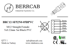 BRC12-SF52N0-05BPVC | Berrcab M12 Düz Dişi 5 Pin 5 Metre PVC Kablolu Konektör - Sensör/Aktüatör Kablosu