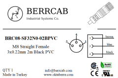 BRC08-SF32N0-02BPVC | Berrcab M8 Düz Dişi 3 Pin 2 Metre PVC Kablolu Konektör - Sensör/Aktüatör Kablosu