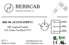 BRC08-AF32N0-05BPVC | Berrcab M8 Açılı Dişi 3 Pin 5 Metre PVC Kablolu Konektör - Sensör/Aktüatör Kablosu