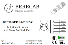 BRC08-SF42N0-02BPVC | Berrcab M8 Düz Dişi 4 Pin 2 Metre PVC Kablolu Konektör - Sensör/Aktüatör Kablosu