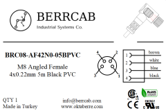 BRC08-AF42N0-05BPVC | Berrcab M8 Açılı Dişi 4 Pin 5 Metre PVC Kablolu Konektör - Sensör/Aktüatör Kablosu