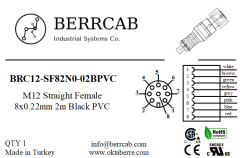 BRC12-SF82N0-02BPVC | Berrcab M12 Düz 8 Pin 2 Metre PVC Kablolu Konektör - Sensör/Aktüatör Kablosu