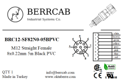 BRC12-SF82N0-05BPVC | Berrcab M12 Düz 8 Pin 5 Metre PVC Kablolu Konektör - Sensör/Aktüatör Kablosu
