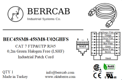 BEC45SM8-45SM8-U02GHFS | Berrcab Eth RJ45 Düz 8 Pin Erkek-Düz 8 Pin Erkek 0,2 Metre HF RJ45 Haberleşme Kablosu - Halogen Free, Cat7 Cable