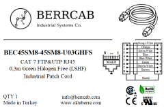 BEC45SM8-45SM8-U03GHFS | Berrcab Eth RJ45 Düz 8 Pin Erkek-Düz 8 Pin Erkek 0,3 Metre HF RJ45 Haberleşme Kablosu - Halogen Free, Cat7 Cable