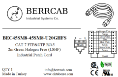 BEC45SM8-45SM8-U20GHFS | Berrcab Eth RJ45 Düz 8 Pin Erkek-Düz 8 Pin Erkek 2 Metre HF RJ45 Haberleşme Kablosu - Halogen Free, Cat7 Cable