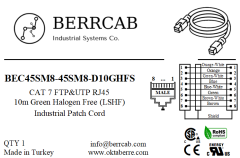 BEC45SM8-45SM8-D10GHFS | Berrcab Eth RJ45 Düz 8 Pin Erkek-Düz 8 Pin Erkek 10 Metre HF RJ45 Haberleşme Kablosu - Halogen Free, Cat7 Cable