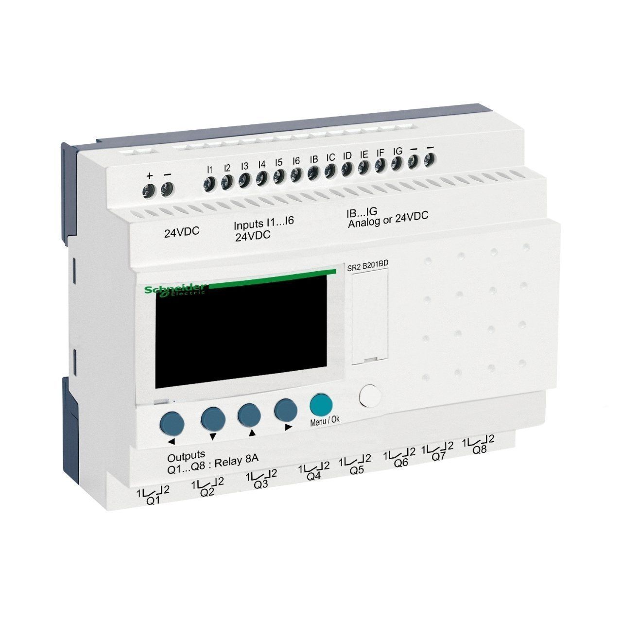 SR2B201BD | Schneider Zelio Logic 20 giriş/çıkış Akıllı Röle - 12 Dijital Giriş (6 Analoga Dönüştürülebilir ), 8 Röle Çıkışı - 24 VDC - Kompakt, Genişleyemez - SR2B201BD