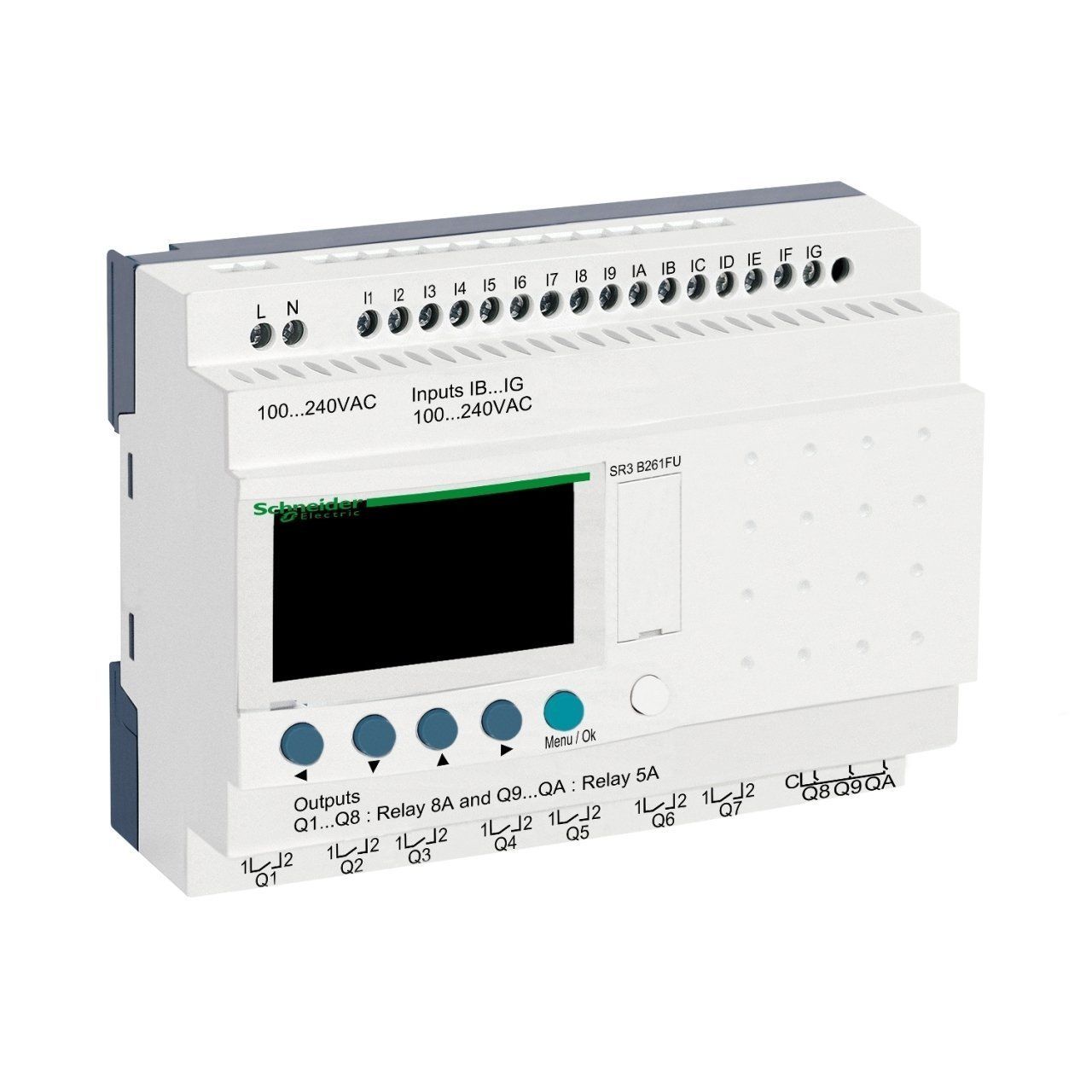 SR3B261FU | Schneider Zelio Logic 26 giriş/çıkış Akıllı Röle - 16 Dijital Giriş , 10 Röle Çıkışı - 220 VAC - Modüler, Genişleyebilir - SR3B261FU
