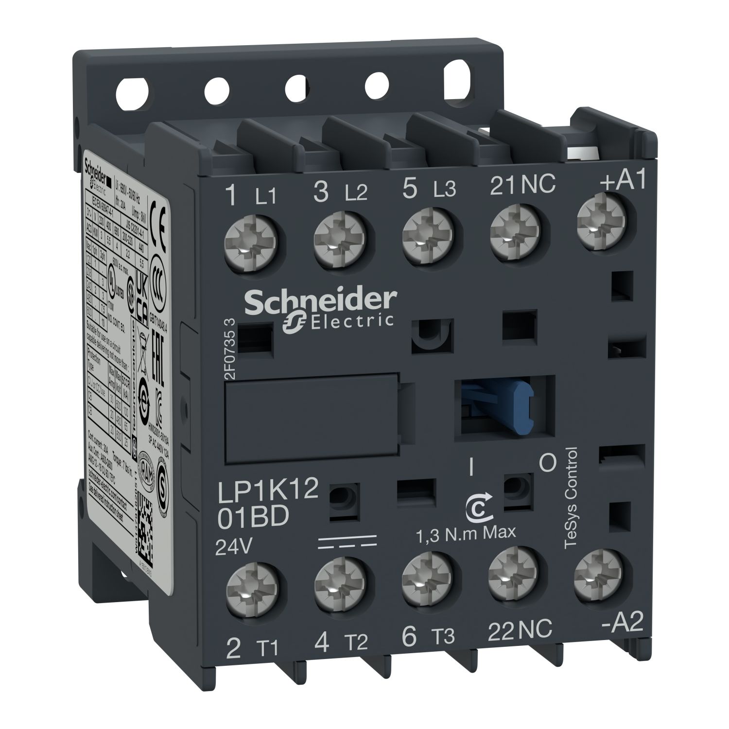 LP1K1201BD | Schneider TeSys K Serisi Kontaktör - 3 Kutup, 12 Amper - 24 VDC Bobin, 1NKYardımcı Kontak