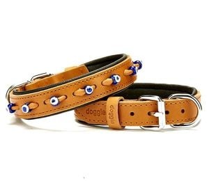 Doggie Comfort Deri Nazar Boncuklu Köpek Boyun Tasması Medium Camel 2.5x37-45 Cm