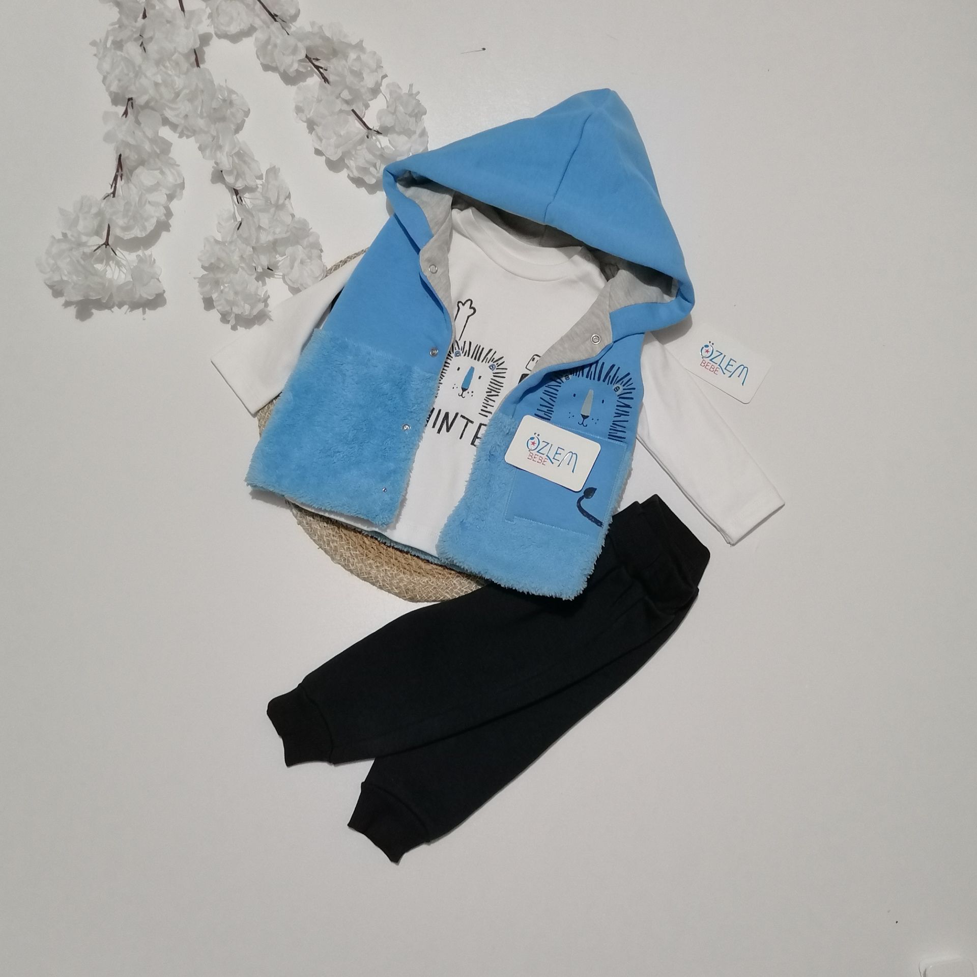 Kedi Figürlü Mavi kapüşon Yelekli Takım