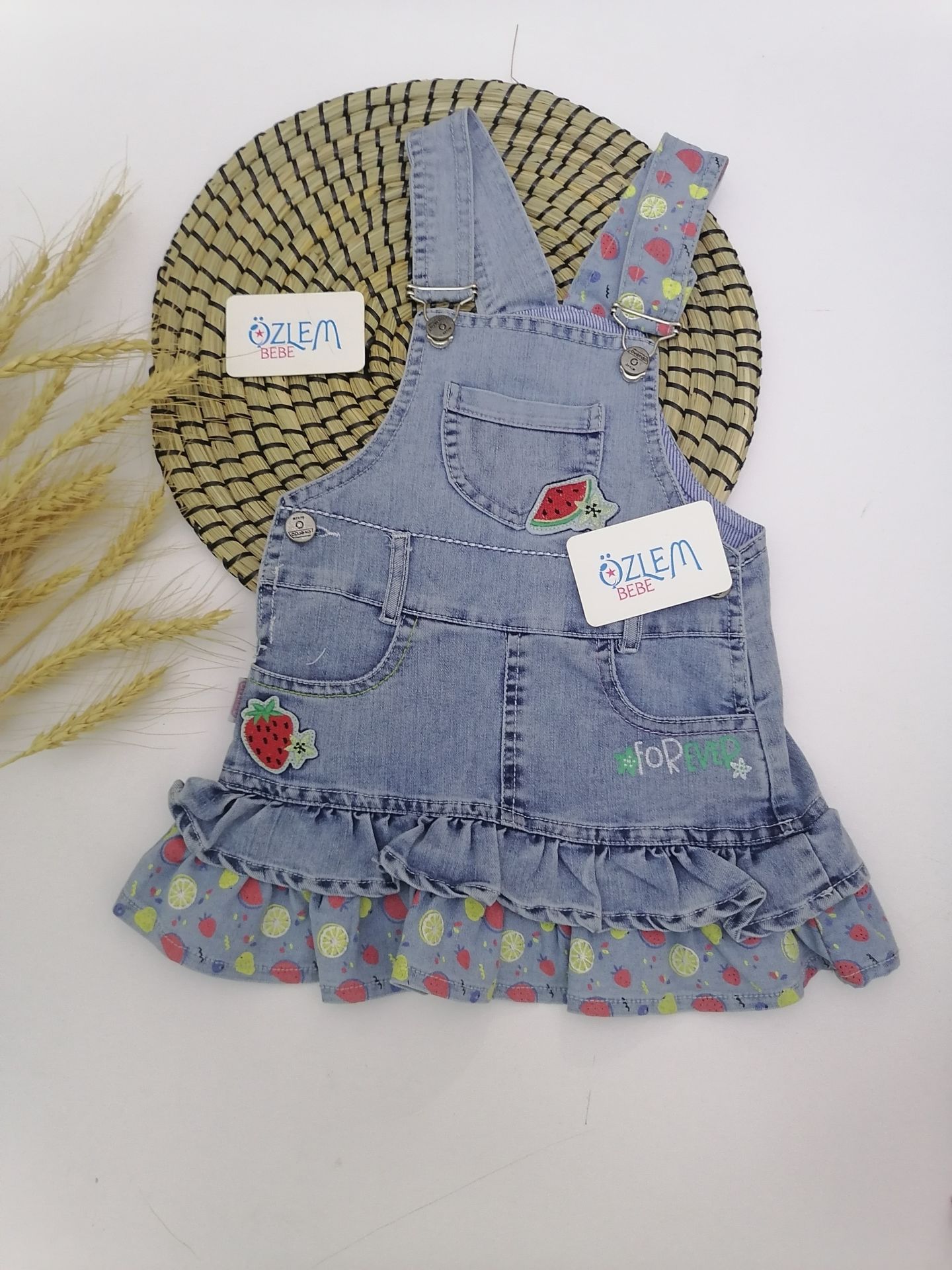 Minik Çilek Denim Salopet Elbise