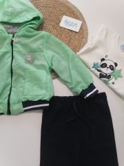 Sevimli Panda Yeşil Ceketli 3'lü Takım