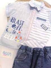 Çizgili Keten Gömlek Denim Şort Takım
