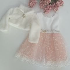 Peluş Bolerolu Pembeli Çocuk Elbisesi