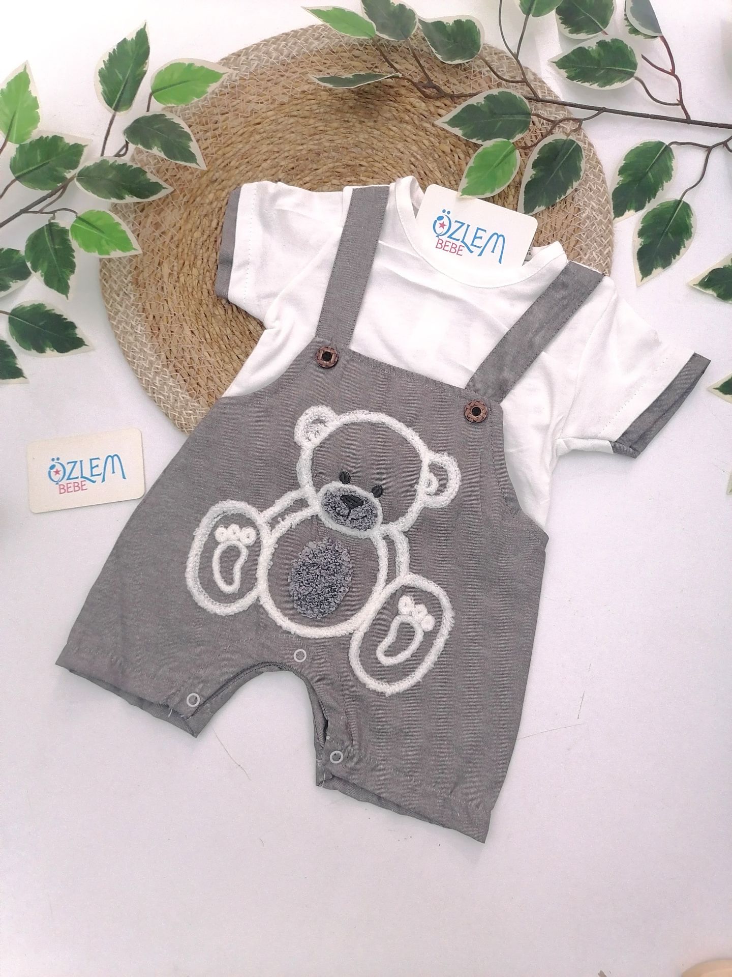 Gri Ayıcık Nakışlı Bebek Tulum