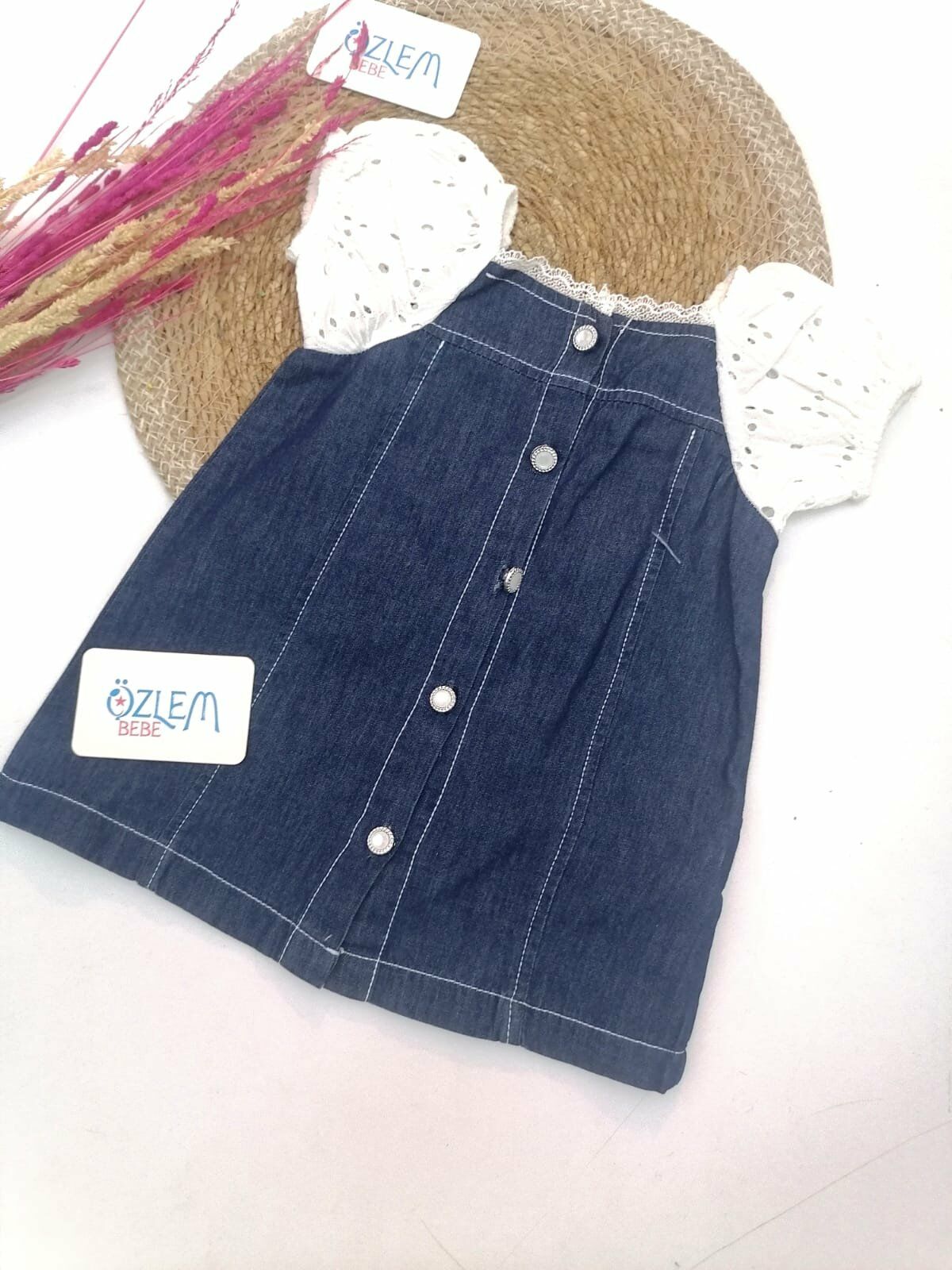 Güpür Karpuz Kollu Denim Elbise