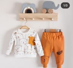 Turuncu Ayıcık Desenli Bebek Takım