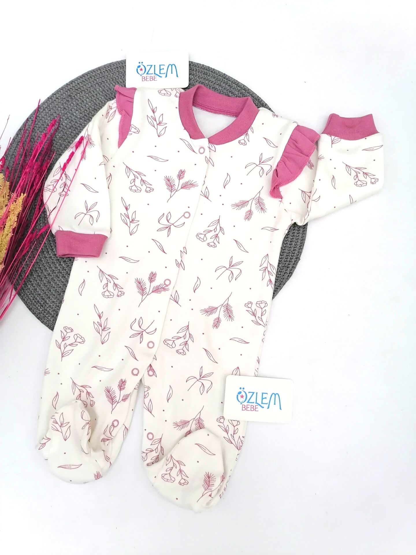 Pembe Fırfır Kol Çiçekli Tulum