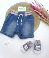 Pembe Çizgili Beli Lastikli Mavi Denim Şort