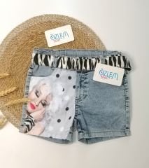Resimli Denim Kız Şortu