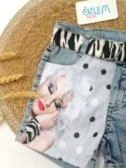 Resimli Denim Kız Şortu