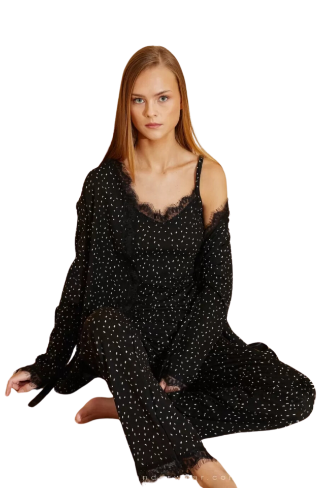 Gizotti Üçlü Siyah Beyaz Puantiyeli Pijama Takımı