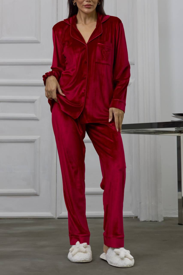 GİZOTTİ BORDO GOFRAJLI KALP NAKIŞLI UZUN KADİFE PİJAMA TAKIMI