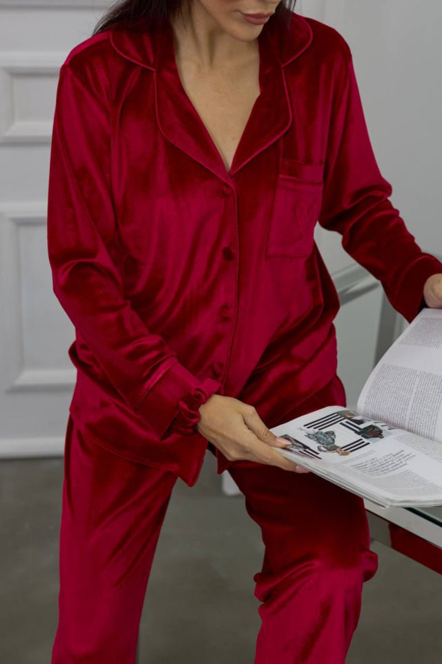 GİZOTTİ BORDO GOFRAJLI KALP NAKIŞLI UZUN KADİFE PİJAMA TAKIMI