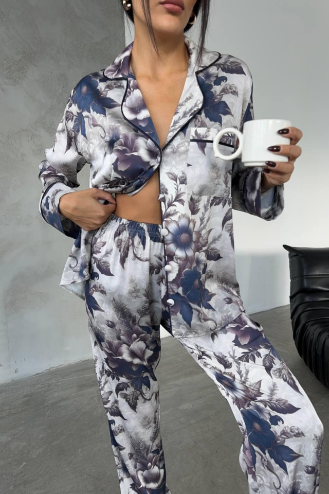 GİZOTTİ ÇİÇEK DESEN DİJİTAL BASKILI UZUN SATEN PİJAMA