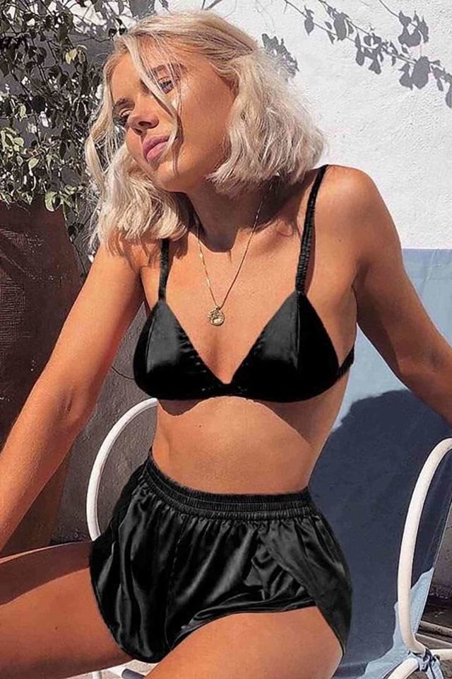 Gizotti Saten Sütyen Şort Pijama Takım Siyah