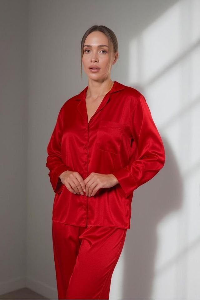 GİZOTTİ KIRMIZI SATEN İKİLİ PİJAMA TAKIMI