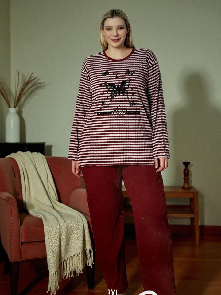 ÇİZGİLİ PENYE PİJAMA TAKIMI KELEBEK MODEL