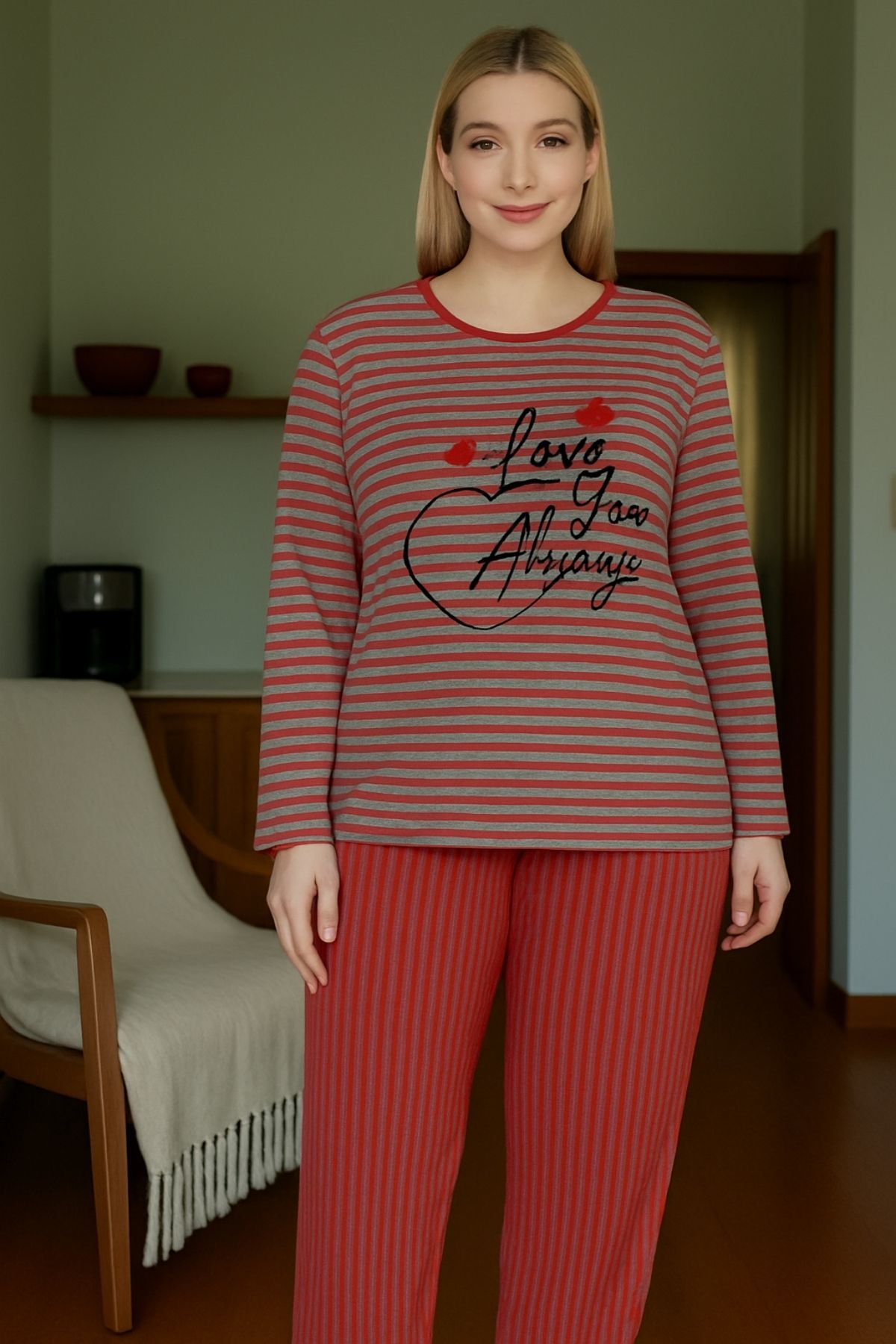 ÇİZGİLİ PENYE PİJAMA TAKIMI LOVE MODEL