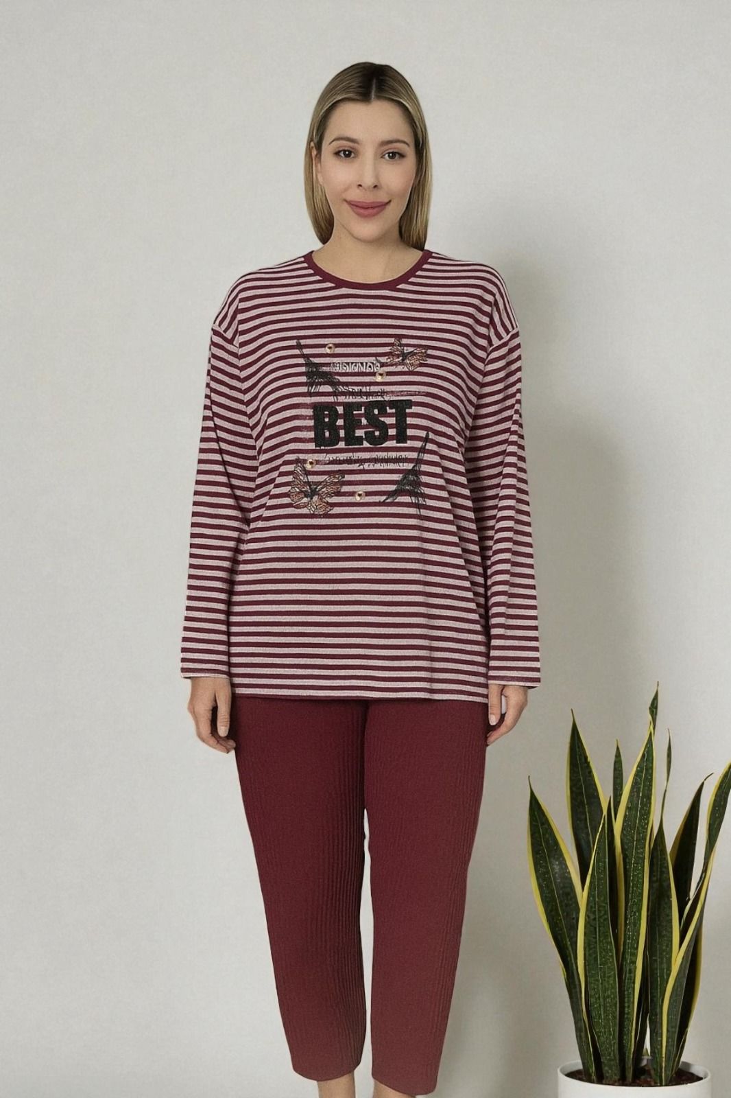 BASKILI PENYE BORDO PİJAMA TAKIMI BEST MODEL