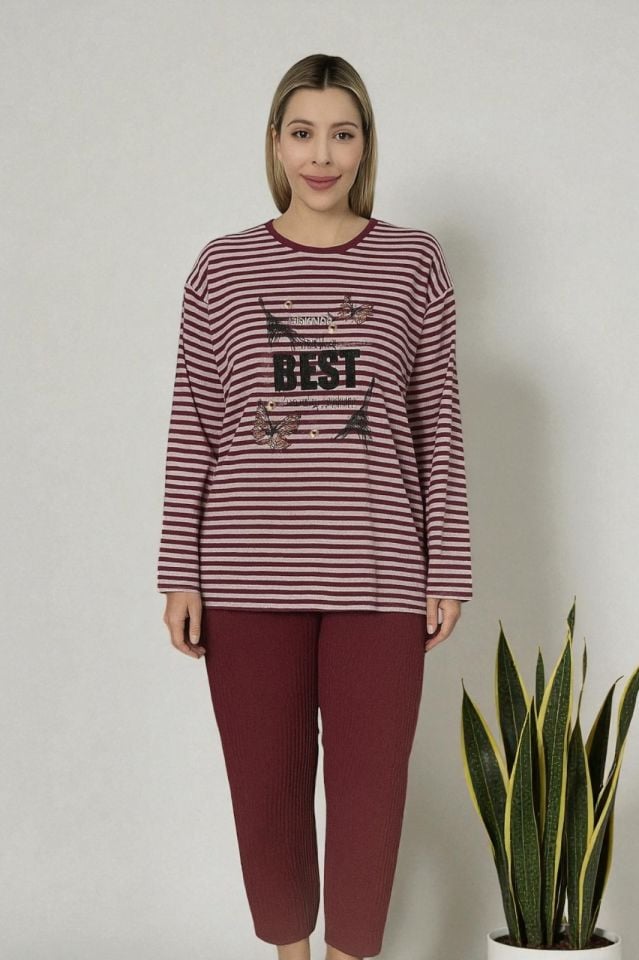 BASKILI PENYE BORDO PİJAMA TAKIMI BEST MODEL