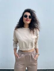 Malaya Mevsimlik Crop Sweatshirt - Bej