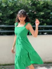 Omuz Detay Poplin Elbise - Yeşil