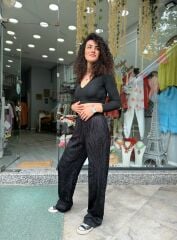Desenli Siyah Saten Pantolon