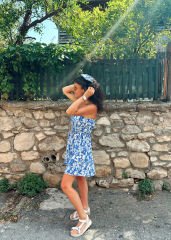 Mavi Çiçekli Keten Mini Elbise