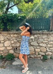 Mavi Çiçekli Keten Mini Elbise