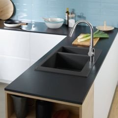 HANSGROHE Grafit Siyahı Çift Gözlü Ankastre Eviye + Manuel Sifon ve Süzgeci - (HG.43315170+HG.43928000)