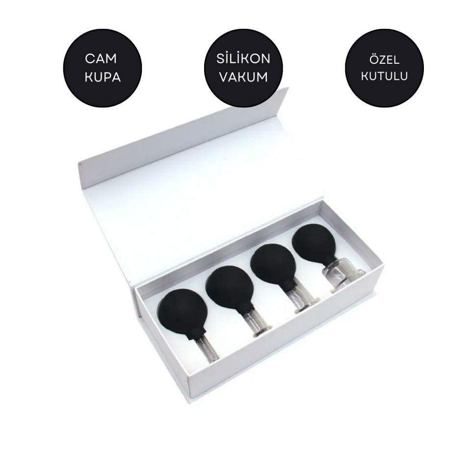 Silikon Vakumlu Cam Yüz Masaj Kupası 4'lü Set Siyah Renk
