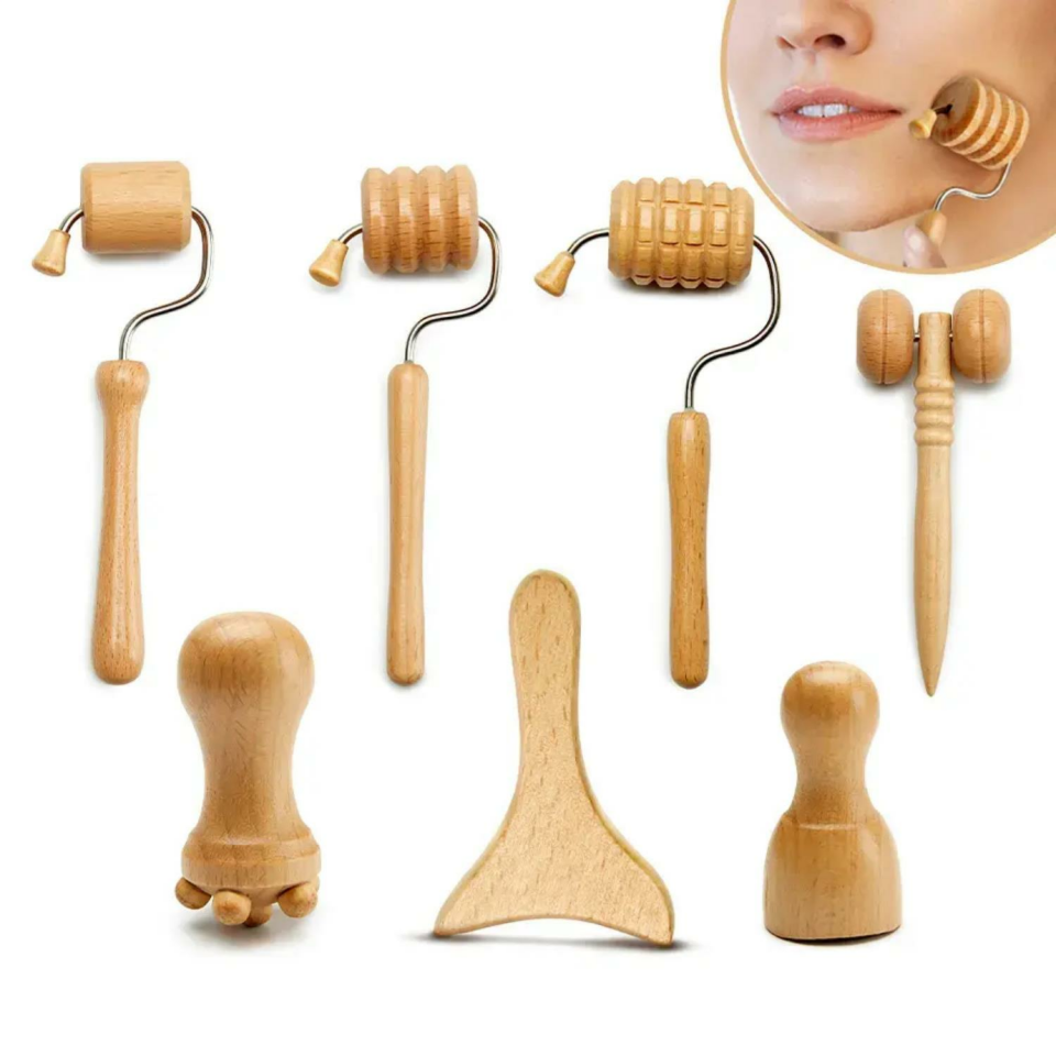 Mini Ahşap Yüz Masaj Aparatı & Madero Terapi Guasha 7'li Set