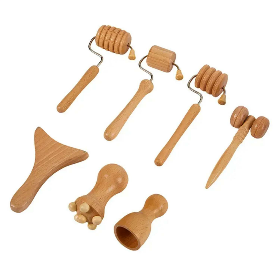 Mini Ahşap Yüz Masaj Aparatı & Madero Terapi Guasha 7'li Set