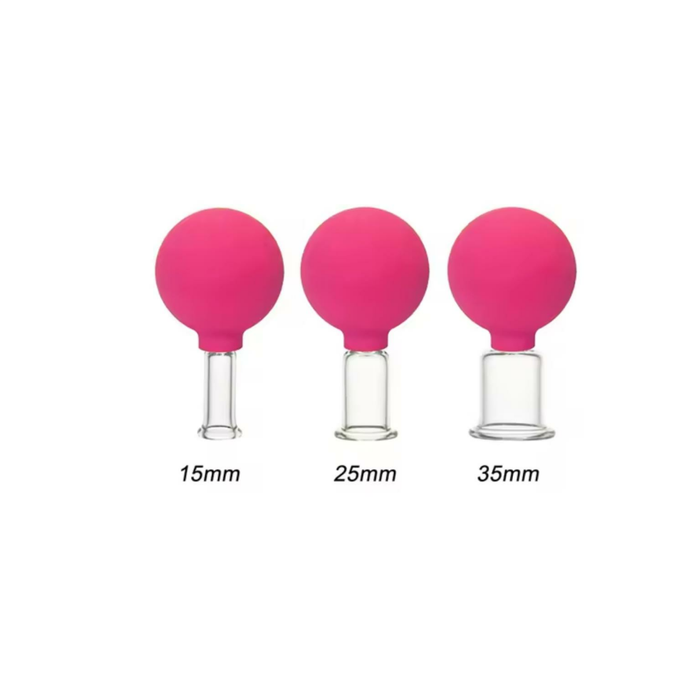 Silikon Vakumlu Cam Yüz Masaj Kupası 3'lü Set Gül Pembe Renk